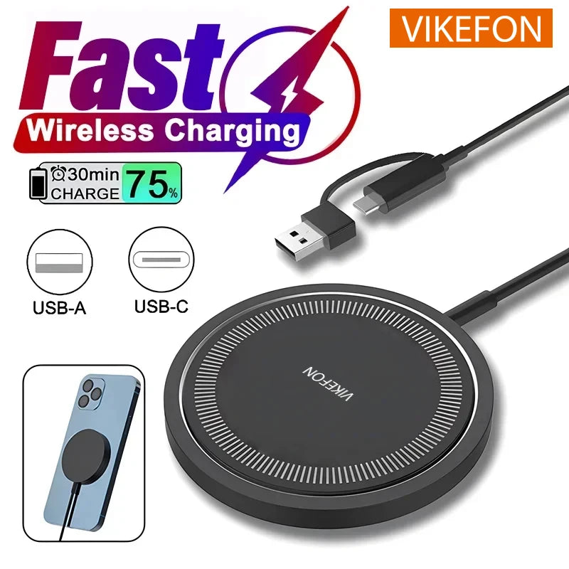 VIKEFON Magnetic Wireless Charger Pad USB + Type C For iPhone 15 14 13 12 Pro Max Fast Wireless Charging Dock Station Chargers