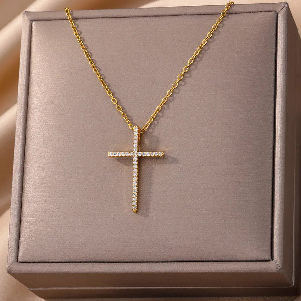 Zircon Cross Pendant Necklace for Women Gold Color Stainless Steel Collar Neckalces 2024 Trend Goth Party Wedding Jewelry Gifts