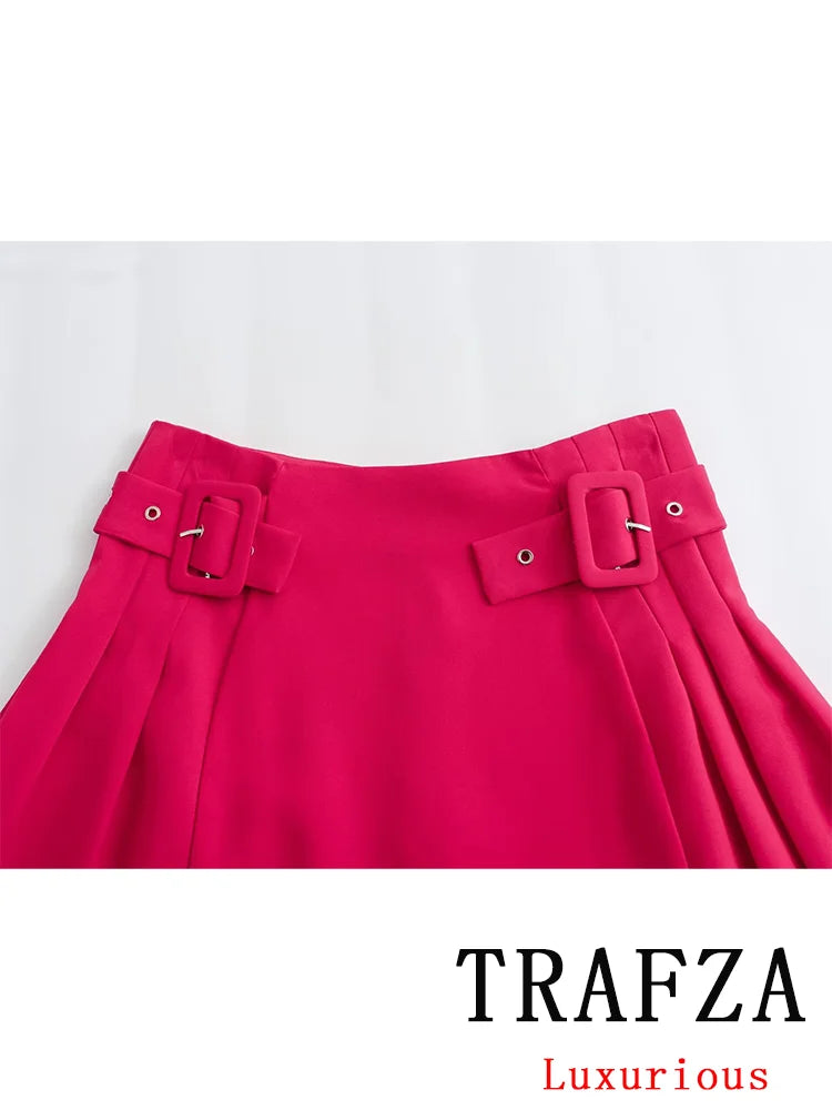 TRAFZA Vintage Casual Chic Women Skirt Solid Red Belt Short Slim Straight Skirt Fashion 2024 Spring Streetwear Mini Skirt