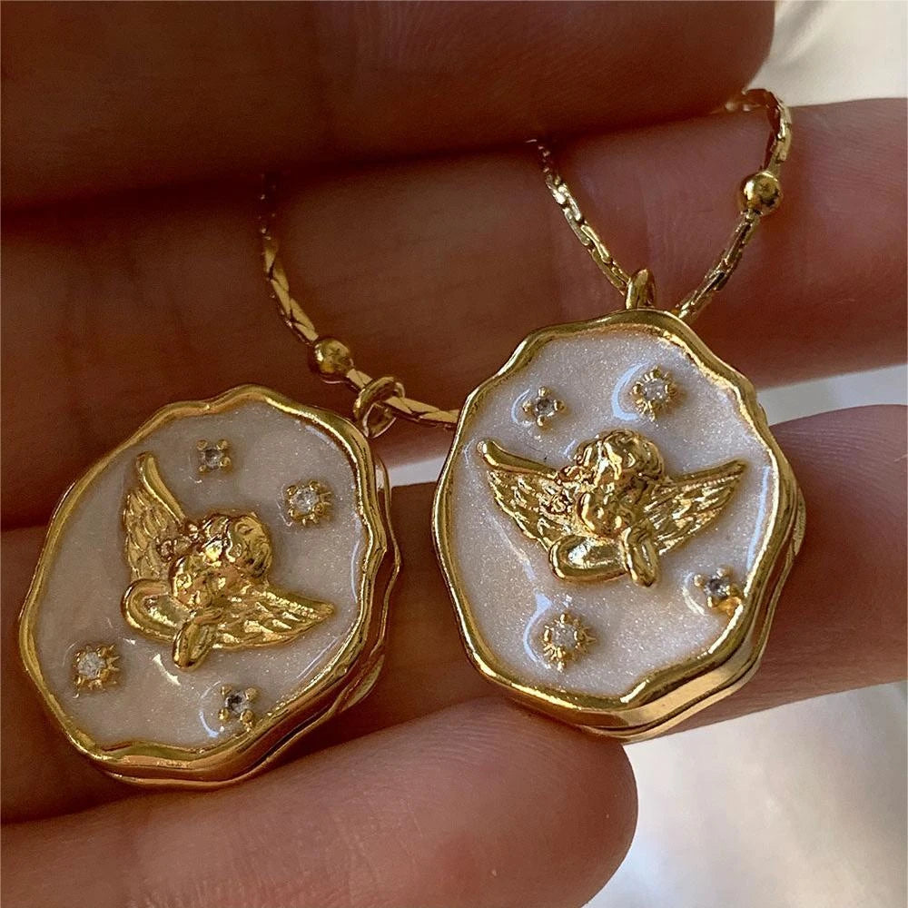 Vintage Enamel Metal Angel Neckalce for Women Geometric Photo Frame Locket Pendant Handmade Rope Chain Necklaces Collar Jewelry