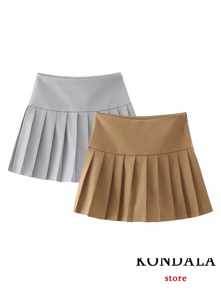 KONDALA Casual Solid Pleated Mini Skirts Women Low Waist A-Line Fashion 2023 Streetwear Shorts Skirts Female High Street Faldas