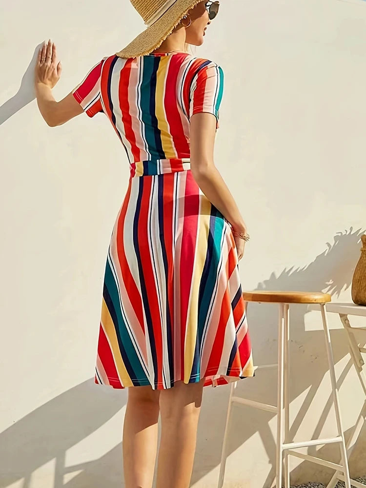 Summer Striped Print Midi Dresses For Women Casual White Boho Beach Dress Fashion V Neck A-line New In Dresses 2024