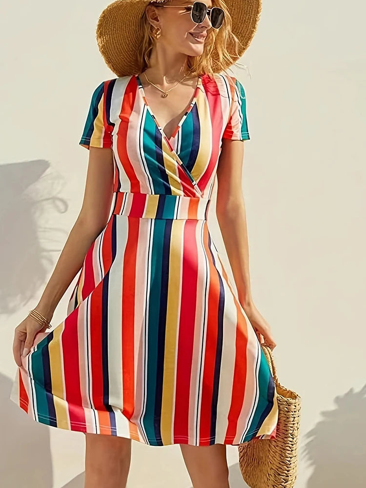 Summer Striped Print Midi Dresses For Women Casual White Boho Beach Dress Fashion V Neck A-line New In Dresses 2024