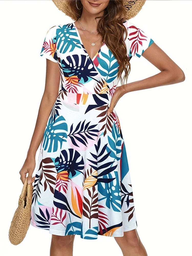 Summer Striped Print Midi Dresses For Women Casual White Boho Beach Dress Fashion V Neck A-line New In Dresses 2024