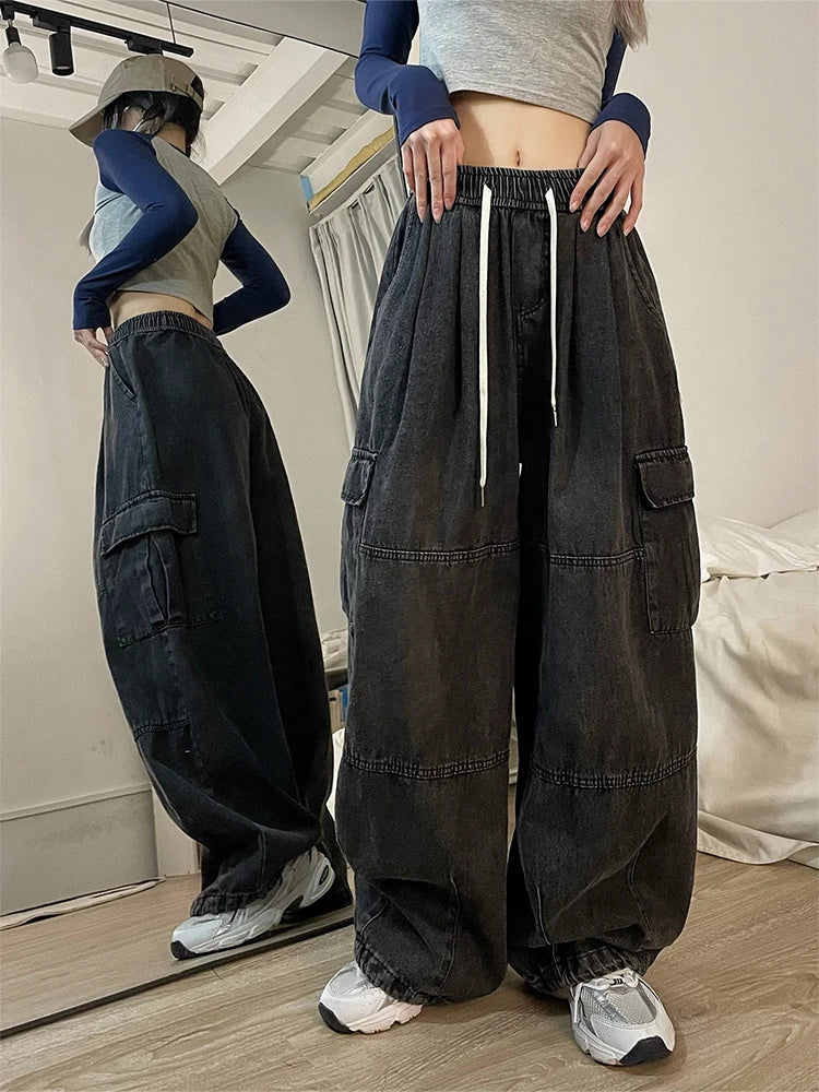 HOUZHOU Y2k Baggy Cargo Jeans for Women Oversize Wide Leg Denim Pants Female Hip Hop Trousers Pockets Streetwear Loose Patchwork