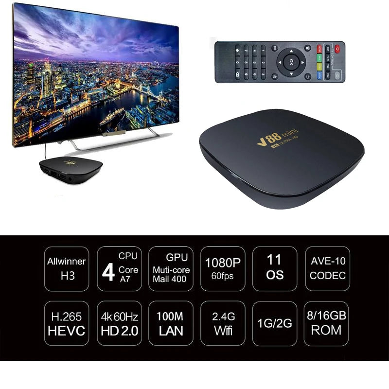 V88 Mini Smart Tv Box Android 11 Media Player 1GB RAM 8GB ROM H3 Quad Core 4K V88 mini TV Box Smart Home Tv Box