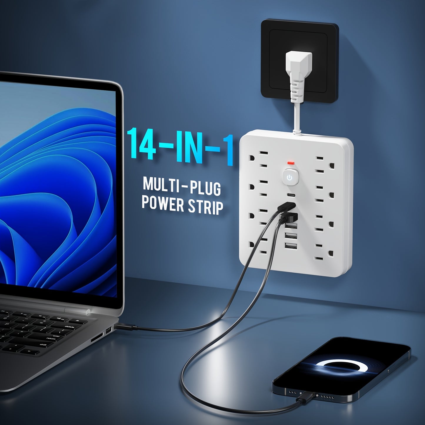 1pc 14-in-1 Power Adapter With 4 USB Outlets, 2 Type-C Outlet And 8 AC Socket Outlets. A Wall Socket, With Surge Protector, Easy To Carry, Suitable For Home, Office And Travel.